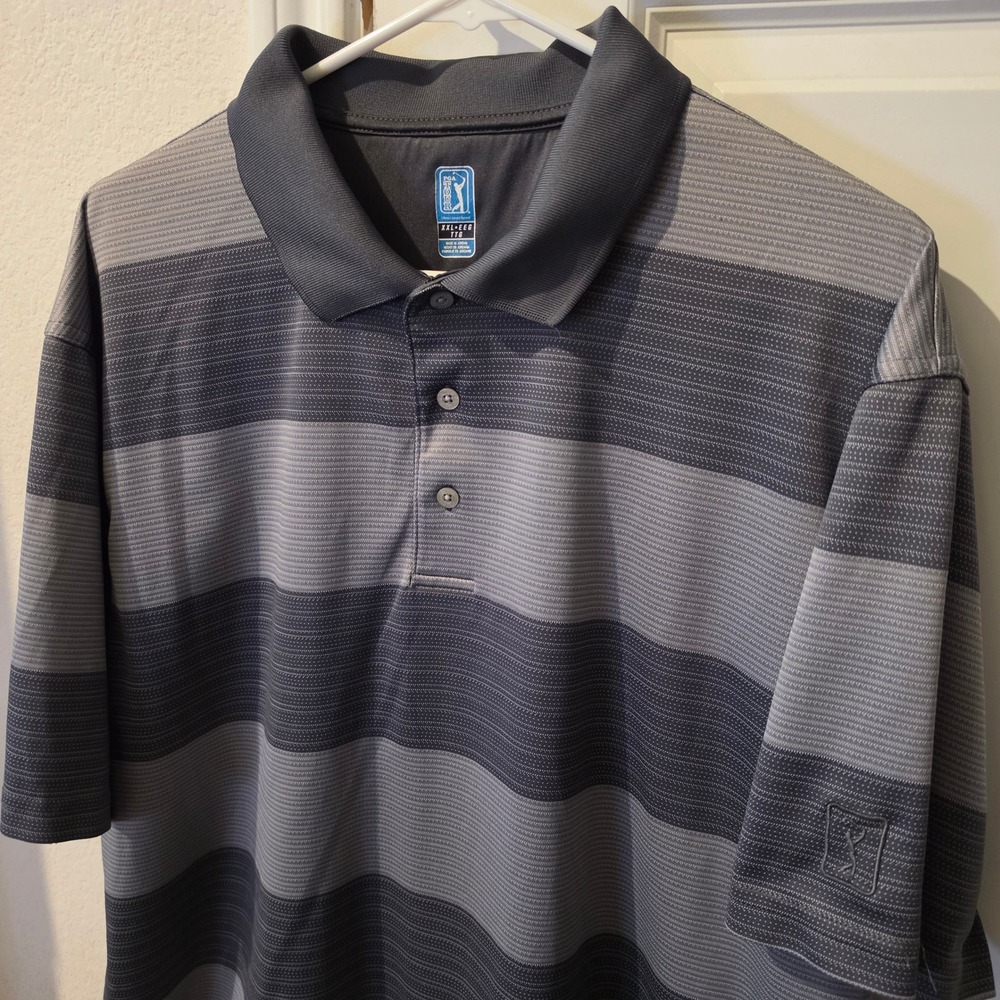 PGA Tour Mens XXL Grey Striped Short Sleeve Performance Golf Polo Shirt
